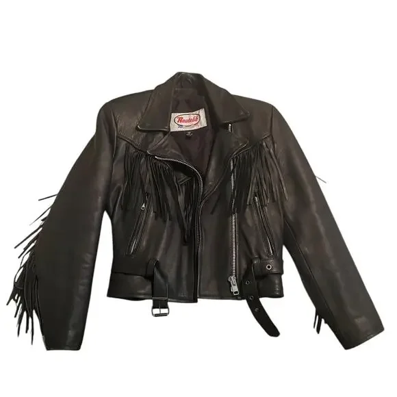 Black fringe vintage route 66 leather jacket - Picture 5 of 7